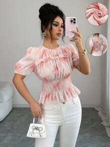 Elenzga Áo sơ mi nữ thanh lịch, thời trang, thoải mái, quyến rũ, cổ điển, tối giản, cao cấp, lãng mạn, thích hợp cho kỳ nghỉ, quý cô dịu dàng, tay ngắn, cổ tròn, xếp ly ngực, viền bèo nhún, eo thon, dáng chữ A, vạt phồng, in họa tiết nhuộm tie-dye (Họa tiết ngẫu nhiên) - Hồng - Xem 7