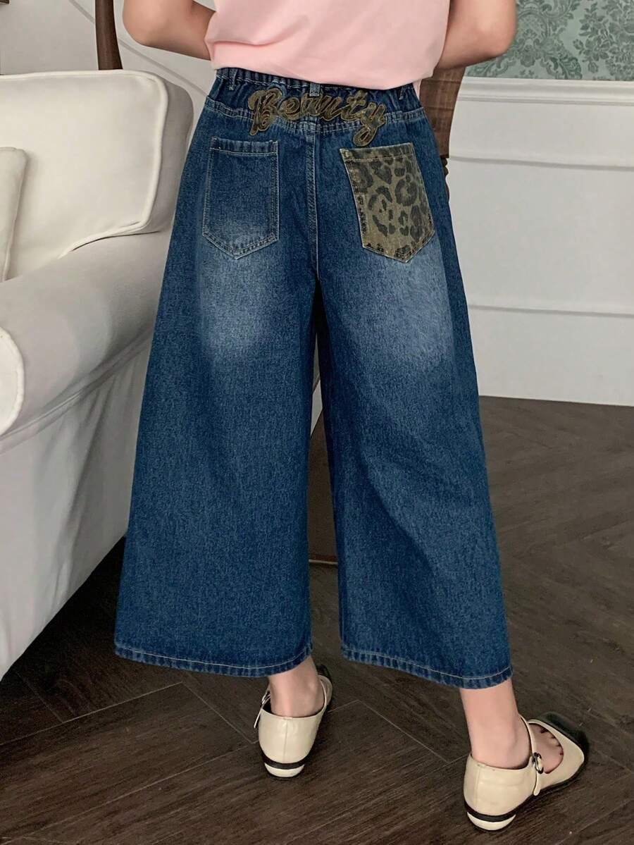 DAZY Quần lửng denim dáng rộng, in họa tiết da báo kiểu Mỹ cổ điển, thêu chữ, dành cho bé gái tuổi teen, thích hợp mặc mùa hè. - Màu xanh lam - Xem 1
