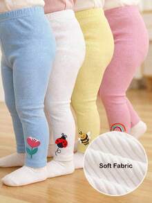 SHEIN Playful Pals 4pcs/Set Baby Girls' Cute Ribbed Colorful Rainbow, Ladybug, Bee, Flower Print Leggings, Spring/Autumn Long Pants For Baby Girl - Multicolor - View 3