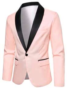 Manfinity Mode Men's Contrast Color Single-Breasted Long Sleeve Suit Blazer And Solid Color Suit Pants Set, Formal - Baby Pink - View 4