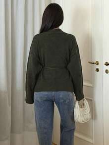 Ronhire 落肩系带开衫，长袖上衣，复古风格商务休闲女士工作服 - 綠色 - 查看 2