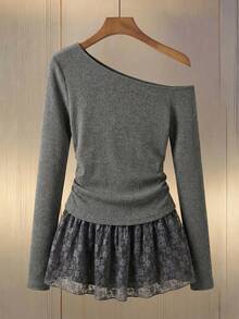 DAZY Women's Lace Patchwork Oblique Shoulder Long Sleeve T-Shirt, Korean Style, Spring/Summer - Grey - View 4