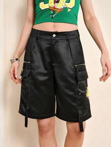SpongeBob SquarePants | SHEIN Women's Fashion Design Summer Cargo Style Denim Shorts - Black - View 6