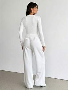 SHEIN Tall 2件組女款純色長袖上衣與長褲套裝，適合高個女性 - 白色 - 查看 2