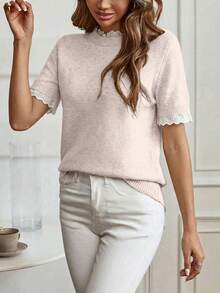 EMERY ROSE Elegante suéter de punto de manga corta con cuello redondo y adorno de encaje en color albaricoque, adecuado para ir al trabajo, estar en casa y uso diario, primavera/verano - Rosa vieja - Ver 6
