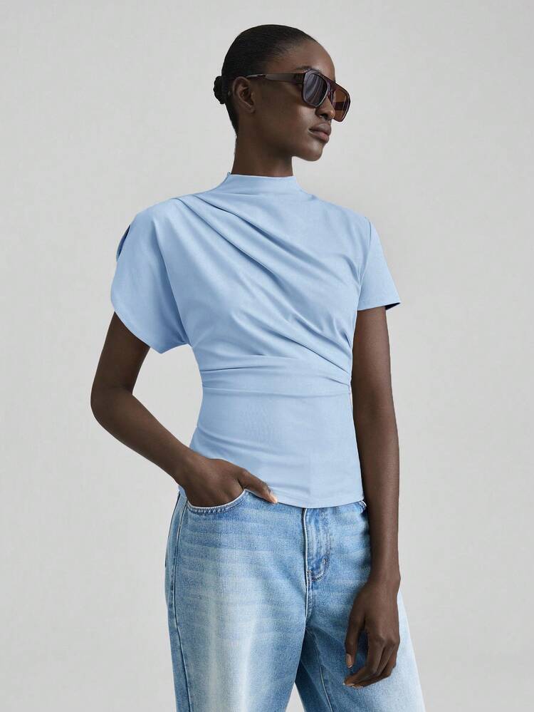 2026 New Women's Teacher Outfit, Independence Day, Airport Casual Wear, Stretchy Fabric, Comfortable Casual Style, Knit Top, Asymmetric Irregular Sleeve, Short Sleeve, Stand Collar, Versatile For All Seasons, Daily Wear, Comfortable Casual Tee For Women,Summer Top