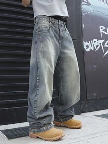Manfinity EMRG Quần jeans nam dáng suông màu xanh dương cổ điển, ống cong, kiểu dáng thường ngày. - Rửa nhẹ - Xem 4