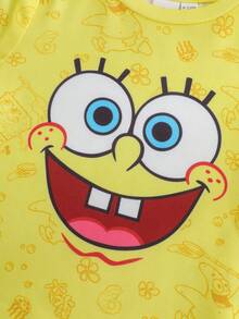 SpongeBob SquarePants | SHEIN 男婴卡通印花圆领短袖T恤和短裤休闲日常穿搭 - 彩色 - 查看 3