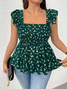 Enliva Camiseta sin mangas con cuello cuadrado, volantes en el bajo y cintura elástica con estampado floral pequeño para mujeres de talla grande y silueta redondeada - Verde - Ver 6