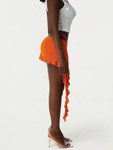 Amplova 2026 Low Waist 3D Floral Asymmetrical Hem Mini Skirt - Orange - View 4