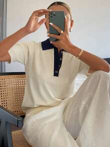 DAZY Women's Patchwork Contrast Color Collared Short Sleeve Casual Vacation Lightweight Knit Top, Summer - White - View 4