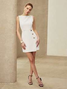 MOTF PREMIUM 优雅船领收腰短款连衣裙，春夏款 - 白色 - 查看 6