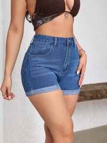SHEIN EZwear 女士休闲日常口袋纽扣牛仔短裤 - 藍色 - 查看 4