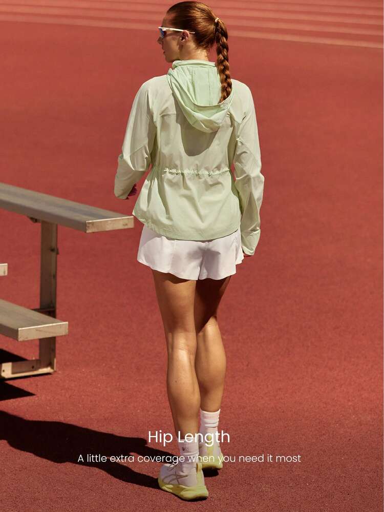 Keep It Moving Hip-Length Relaxed Fit Adjustable Drawstring Cinch Waist 2-Way Wear Hooded Running Jacket Jogging Outdoor Workout Gym Daily Active Wear