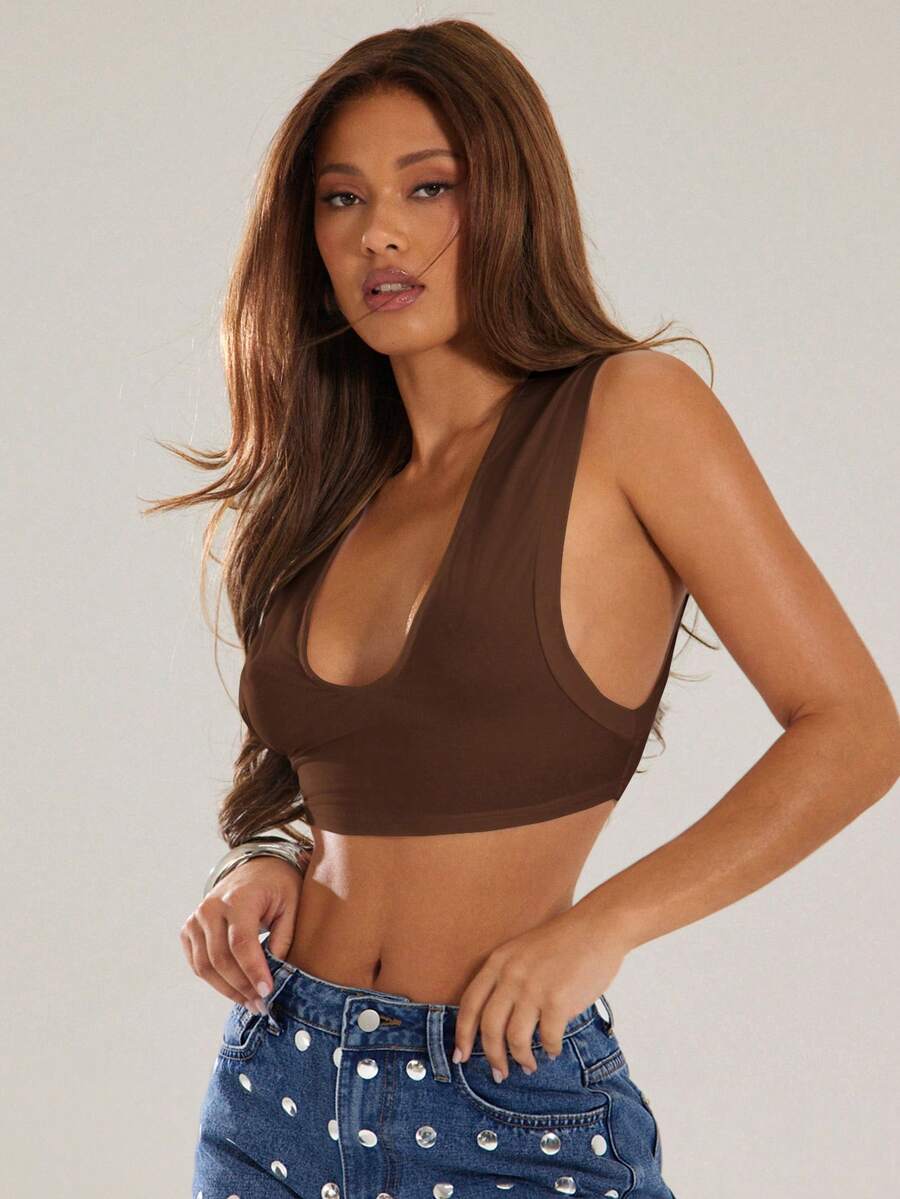 Denimoi Áo croptop cổ tròn chất liệu hơi xuyên thấu, kiểu dáng tank top, thời trang mặc hàng ngày, phong cách đường phố, dự tiệc concert. - Cà phê nâu - Xem 1