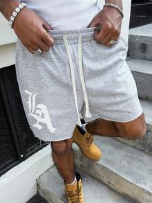 PAVTROS 男士夏季休闲破洞抽绳腰灰色短裤，饰有贴花设计和字母刺绣，适合日常穿着。 - 灰色 - 查看 4