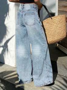 DAZY Quần jeans nữ ống đứng cạp thường kiểu dáng thường ngày Y2k - Rửa nhẹ - Xem 4