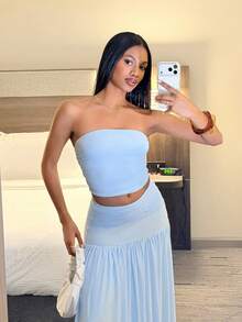 Natali Santanap 2 件套女士度假浪漫粉色网眼抹胸上衣和高腰褶饰网眼长裙，春夏 - 淺藍色 - 查看 1