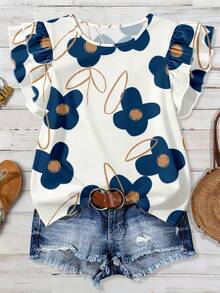 EMERY ROSE Plus Size Women Floral Print Round Neck Casual Versatile Daily Wear Shirt - Multicolor - View 1