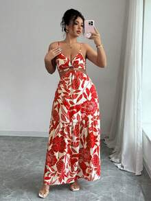 Elenzga 女士印花收腰中长连衣裙，适合度假、日常穿着和通勤 - 紅色 - 查看 4