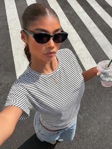 Muchica Women's Casual Striped Batwing Sleeve Top, Summer Casual Top - White - View 4