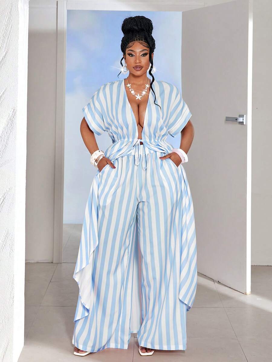 Maweii Plus Size Striped Drawstring Cardigan Top And Pants 2 Pieces Set - Multicolor - View 1