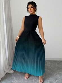 Elenzga Sleeveless High Neck Pleated Ombre Floral Print Plus Size Dress - Cadet Blue - View 5