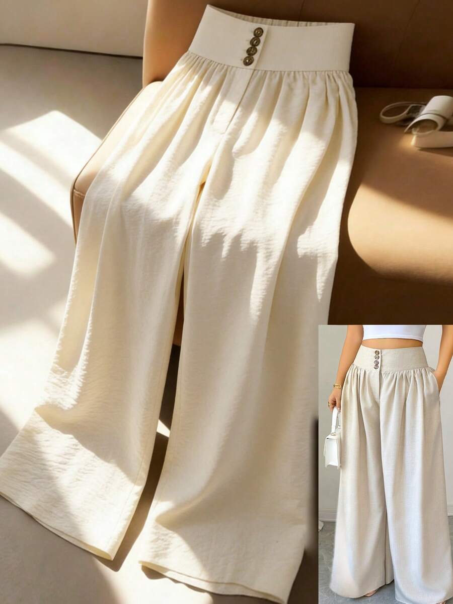 Elenzga Pantalones anchos de pierna ancha de tela elegante para vacaciones de mujer de talla grande, pantalones sueltos con diseño de botones y decoración de cinturón, adecuados para verano con manga corta, oficina, viajes, citas, estilo blogger, pantalones de color albaricoque, adecuados para graduación, vacaciones, Día de San Valentín, festivales de música, Día de la Madre, Halloween, Acción de Gracias, Pascua, Día Nacional, bailes, fiestas de citas, temporada de bodas, viajes al aire libre - Beis - Ver 1