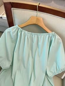 GlowEve CURVE Plus Size French Style Loose Short Sleeve Square Collar + Pleated Design Plus Size Blouse - Green - View 4