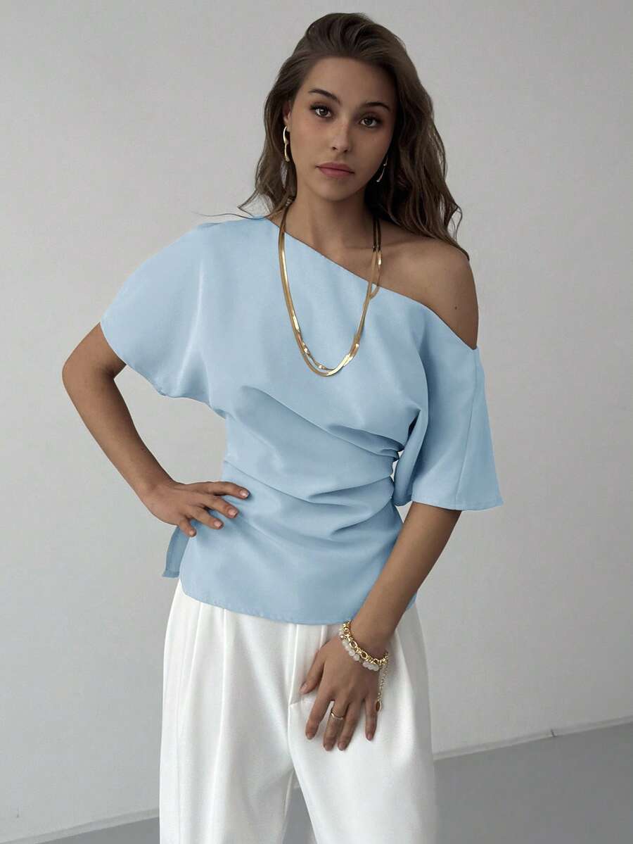 Aloruh New Apricot Versatile Minimalist Commuter Asymmetric Batwing Sleeve Pleated Waist Fitted Pullover Blouse,Summer Top - Blue - View 1
