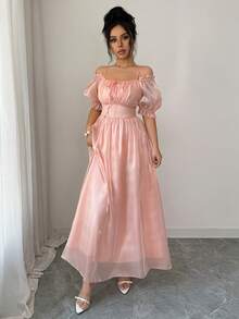 Selianne Women's Dusty Pink Summer Elegant Wedding Ninang Dress,Square Neck Tie Front Ruffle Hem Puff Sleeve Waist Fit Flare Elegant Fashion Retro High-End - Coral Pink - View 5