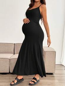 SHEIN Maternity Casual Solid Color Sleeveless Dress - Black - View 3