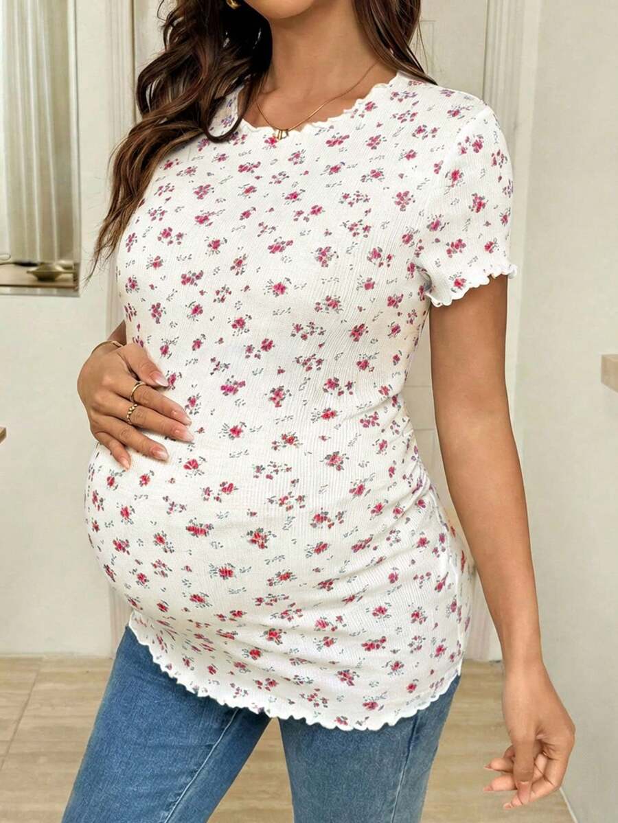 SHEIN Áo thun bầu cổ tròn tay ngắn họa tiết hoa nhí ôm dáng, viền bèo nhún, thích hợp cho mùa hè. - Hồng - Xem 1