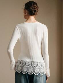 SHEIN Unity Women's White Ribbed Knit Long Flare Sleeve T-Shirt With Contrast Lace Trim And Round Neck Casual Regular Fit Top - White - View 5