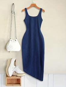 EMERY ROSE Đầm denim nữ mùa hè kiểu dáng bất đối xứng, buộc dây, không tay. - Màu xanh lam - Xem 2