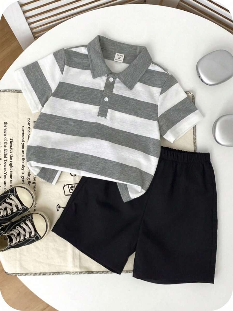 2pcs/Set Baby/Toddler Boy/Girl Black & White Striped Collar Short Sleeve Polo Shirt And Black Shorts Outfit, Comfortable Casual Chic Daily Wear, Suitable For Spring/Summer/Autumn/Winter, Indoor, Outdoor, Daily, Sports, Party, Photo Shoot, Festival, Streetwear, Christmas, New Year - Multicolor - View 1