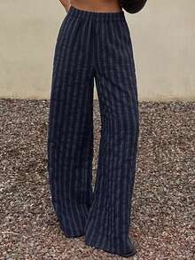 Livesso 女士休闲条纹阔腿裤 - 黑色 - 查看 1