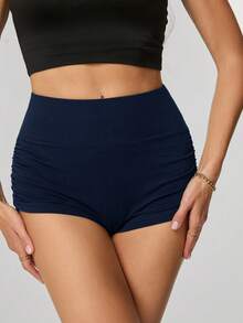 SHEIN Tall Ladies' Solid Color Ruched Biker Shorts, Summer Biking,Yoga Sports - Navy Blue - View 8