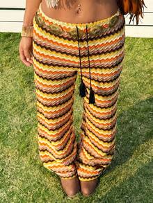 SHEIN EZwear Women's Casual Striped Drawstring Waist Wide Leg Pants, Summer - Multicolor - View 3