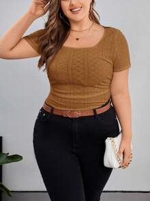 SHEIN Privé Camiseta de manga corta de unicolor y textura casual para talla grande, verano - Naranja - Ver 3