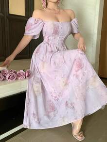 DAZY French Floral Print Elegant Ruffle Collar Short Sleeve Dress For Women Summer Easter Maxi Dress Sundress - Mauve Purple - View 8