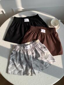 SHEIN EZwear 大码三件套纯色及树枝印花短裤，简约百搭舒适休闲短裤 - 巧克力棕 - 查看 1