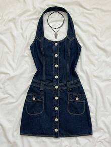 Flirla Women's Casual Front Button Backless Halter Denim Dress, Summer - Dark Wash - View 1