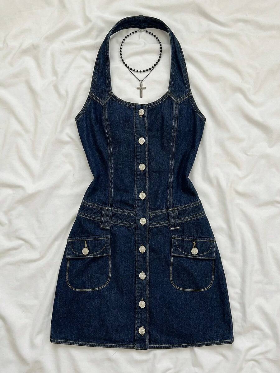Flirla Women's Casual Front Button Backless Halter Denim Dress, Summer - Dark Wash - View 1