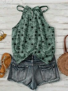 SHEIN LUNE Casual Minimalist Green Floral Line Print Pattern Women's Halter Neck Camisole, Suitable For Spring & Summer - Multicolor - View 2
