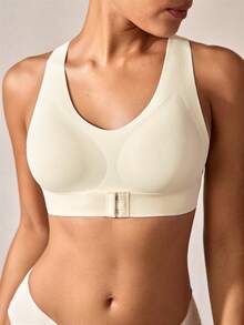 1pc Women's Wireless Front & Back Closure Sports Bra, Cycling & Workout, Anti-Sag - White - View 9