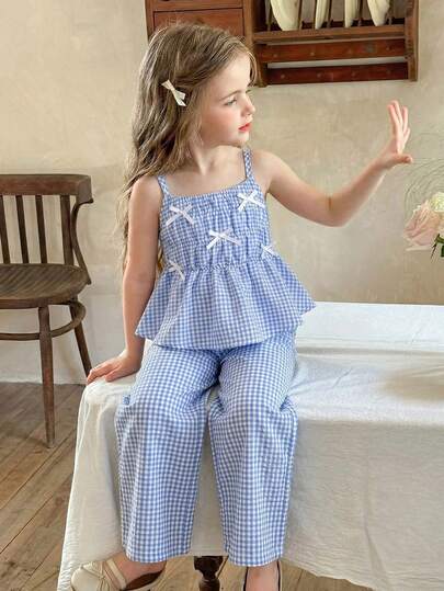 SHEIN 女童夏季蓝白格子吊带背心和宽松休闲裤两件套