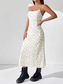 SHEIN EZwear 白色碎花编织吊带连衣裙，女士夏季连衣裙，新款连衣裙，野花连衣裙，女士连衣裙，长款休闲连衣裙 - 白色 - 查看 3