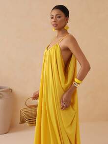 Vesra 吊带深V领露背褶皱垂褶长裙，带拖尾，性感女装 - 黃色 - 查看 6