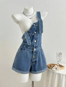 Elamini Fashionable Casual Button Cuffed Washed Denim Bib Shorts - Light Wash - View 5